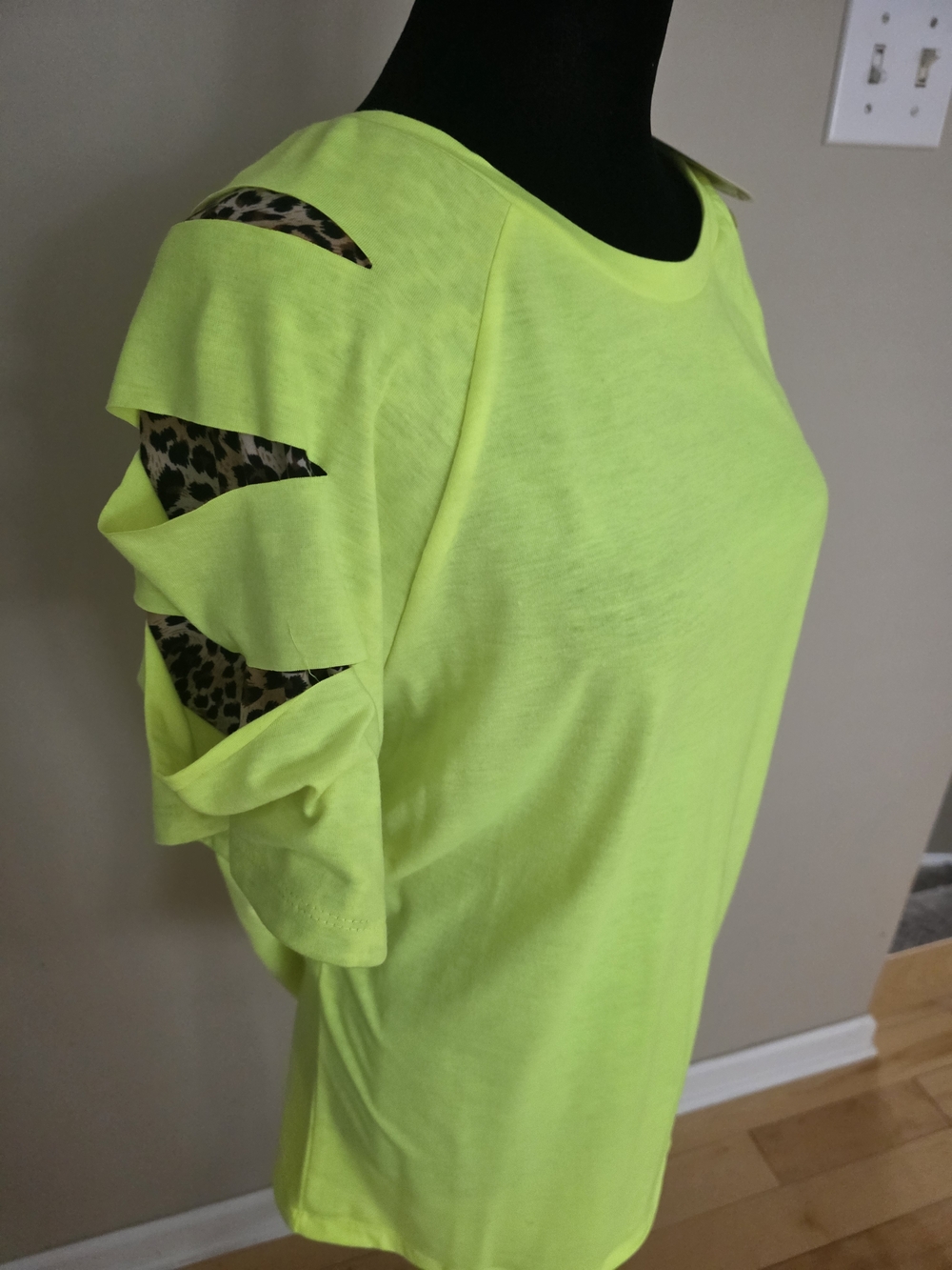 Neon Yellow Cutout Sleeve Women's Top with Leopard Inset